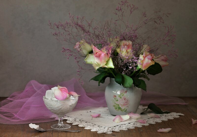 Roses in a Vase — Pink, Serene, Photograph, Flowers