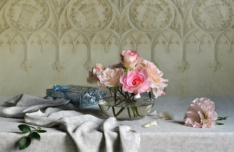Roses in a Vase — Pink, Serene, Photograph, Gift Box, Fabric