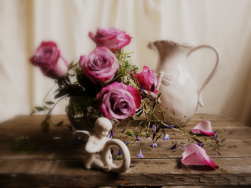 Roses in a Vase — Pink, Serene, Photograph, Pitcher