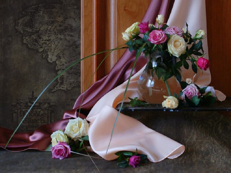 Roses in a Vase — Pink, Serene, Photograph, Silk Fabric