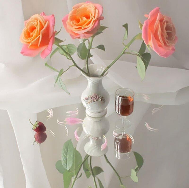 Roses in a Vase — Pink, Serene, Photograph, Strawberries