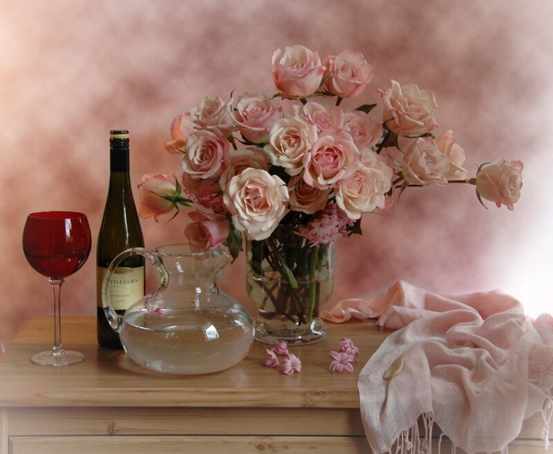Roses in a Vase — Pink, Serene, Photograph, Wine Bottle