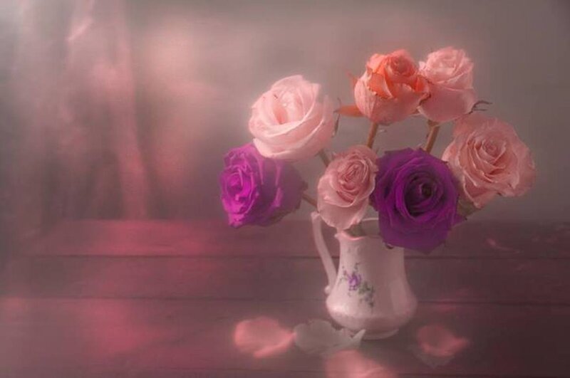 Roses in a Vase — Pink, Serene, Photograph, Wooden Surface