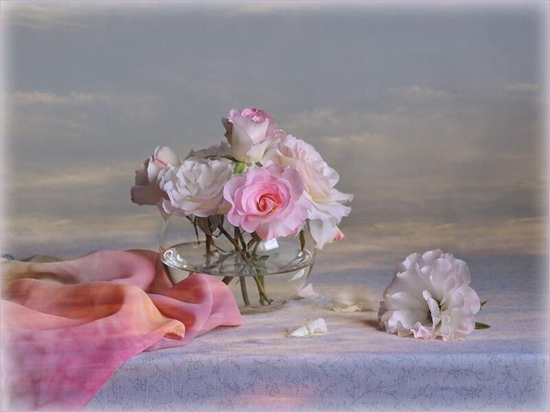Roses in a Vase — Pink, Serene, Sunset