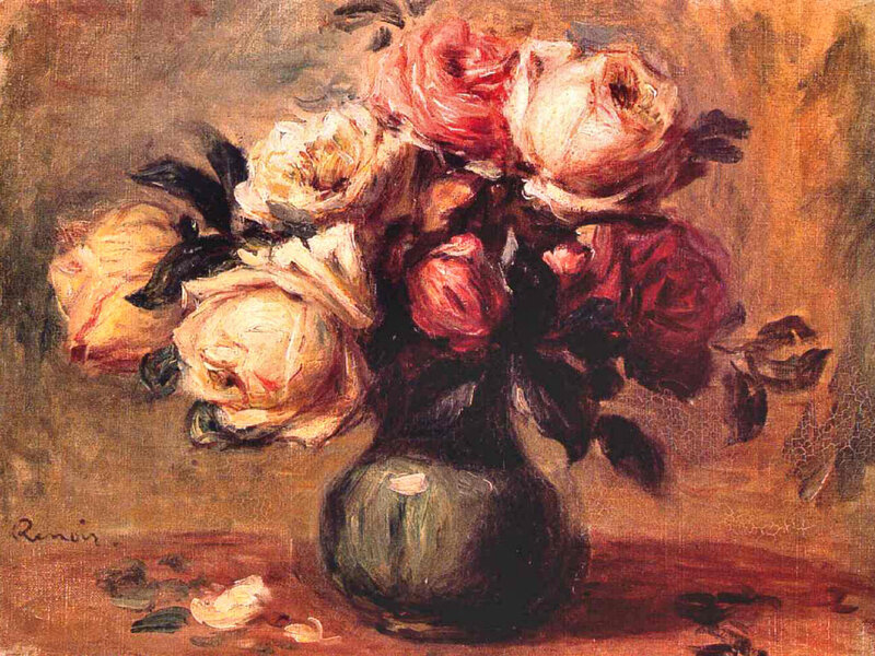 Roses in a Vase — Red, Calm, Painting, Flowers, Leaves