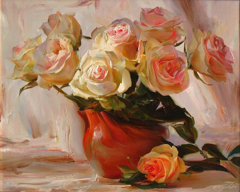 Roses in a Vase — Red, Calm, Painting, Flowers, Table