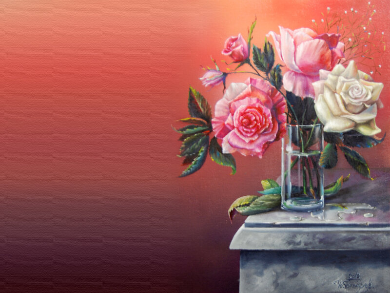 Roses in a Vase — Red, Calm, Painting, Table