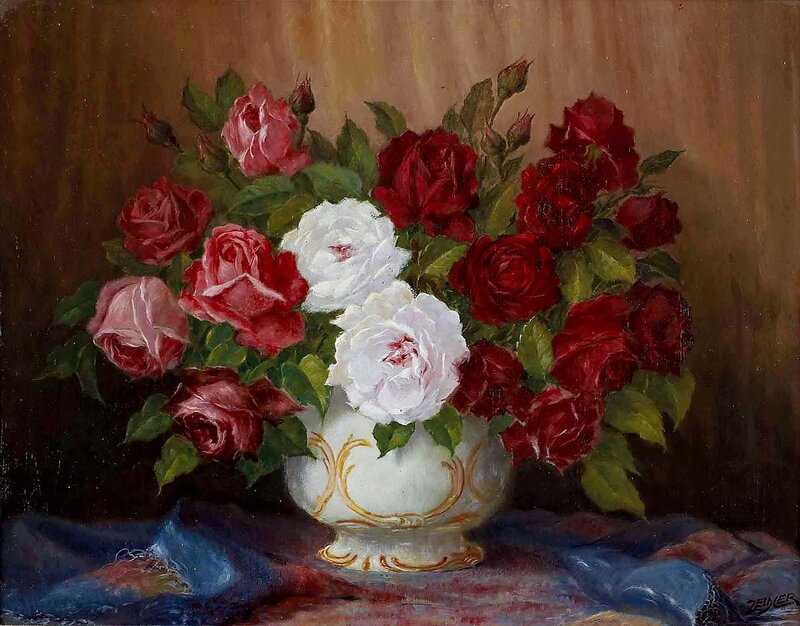 Roses in a Vase — Red, Calm, Painting, Tablecloth