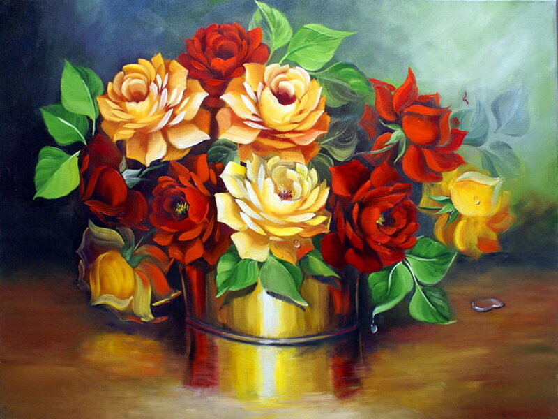 Roses in a Vase — Red, Calm, Painting