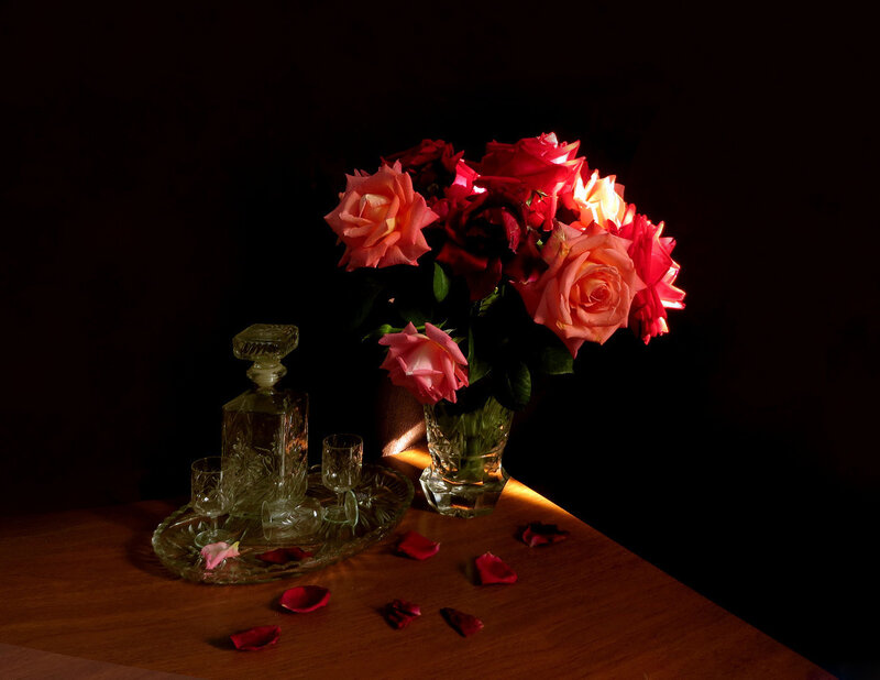 Roses in a Vase — Red, Dramatic, Night