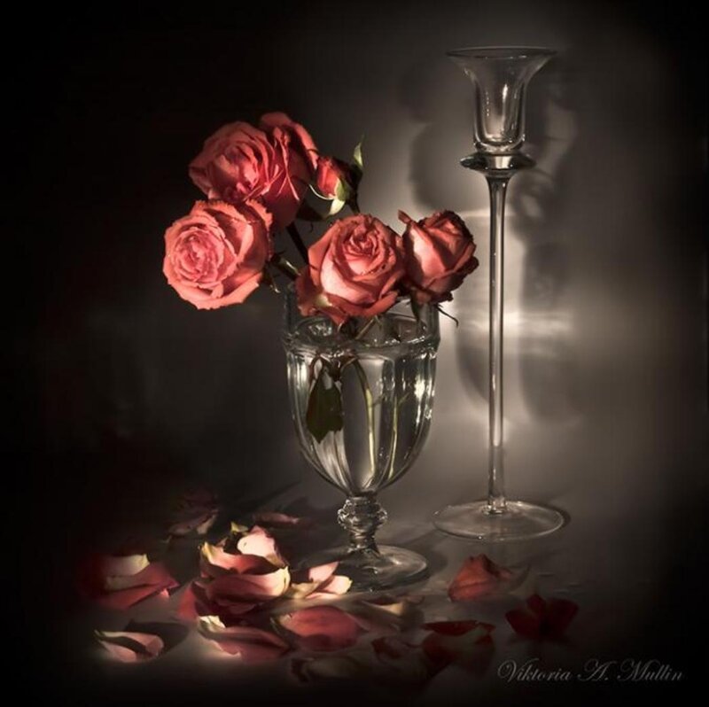 Roses in a Vase — Red, Dramatic, Photograph, Candlestick