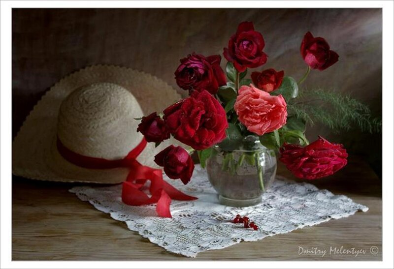 Roses in a Vase — Red, Dramatic, Photograph, Straw Hat