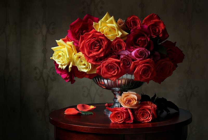 Roses in a Vase — Red, Dramatic, Photograph, Table