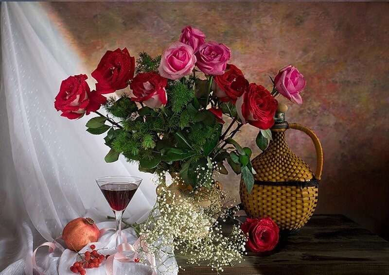 Roses in a Vase — Red, Dramatic, Photograph, Wine Glass