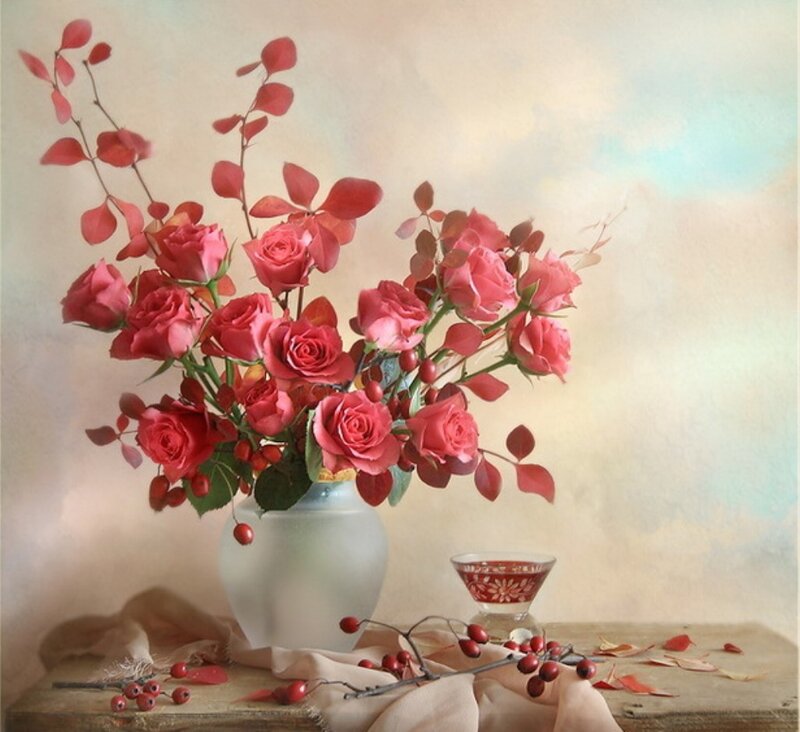 Roses in a Vase — Red, Serene, Autumn
