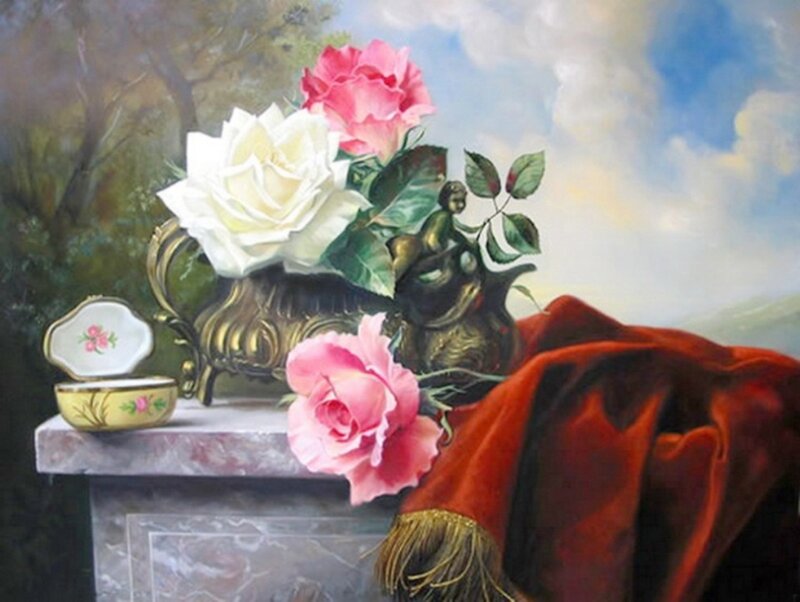 Roses in a Vase — Red, Serene, Painting, Flowers, Fabric