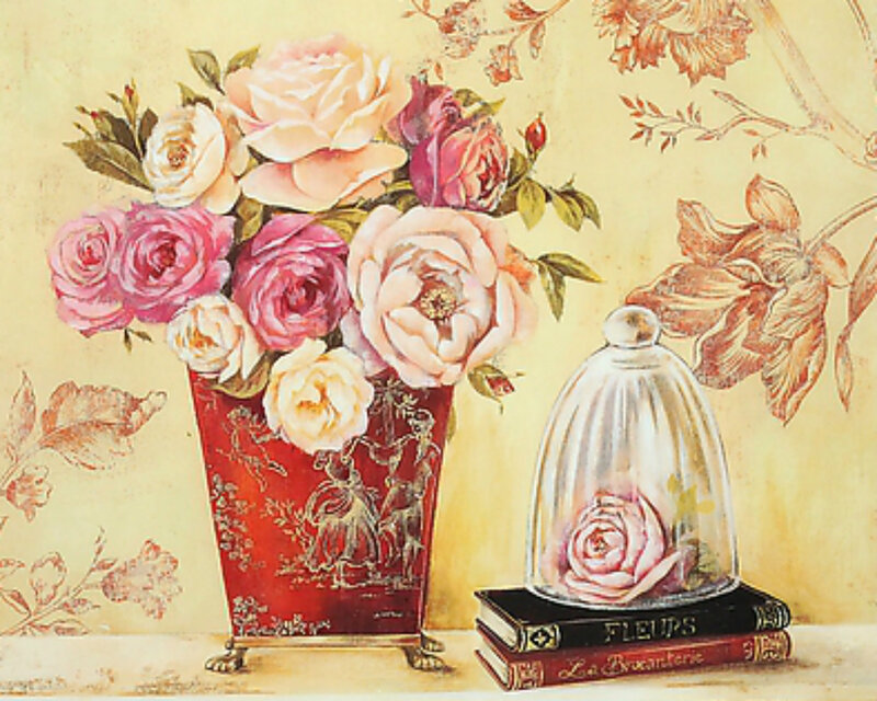 Roses in a Vase — Red, Serene, Painting, Glass Dome