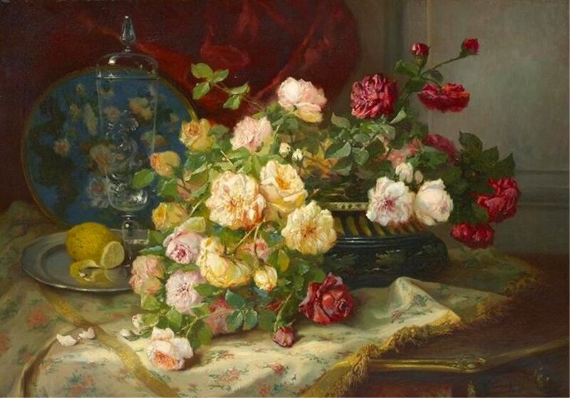 Roses in a Vase — Red, Serene, Painting, Lemon