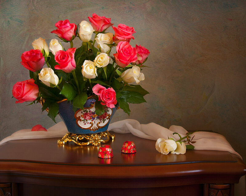 Roses in a Vase — Red, Serene, Photograph, Chocolates
