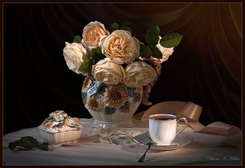Roses in a Vase — White, Dramatic, Photograph