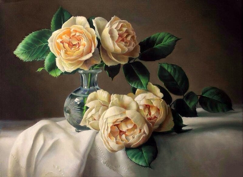 Roses in a Vase — White, Serene, Painting, Tablecloth, Leaves