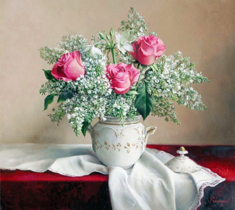 Roses in a Vase — White, Serene, Painting, Tablecloth