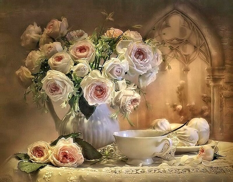 Roses in a Vase — White, Serene, Painting, Teacup, Lace
