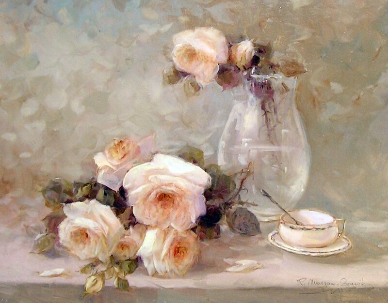 Roses in a Vase — White, Serene, Painting, Teacup, Saucer