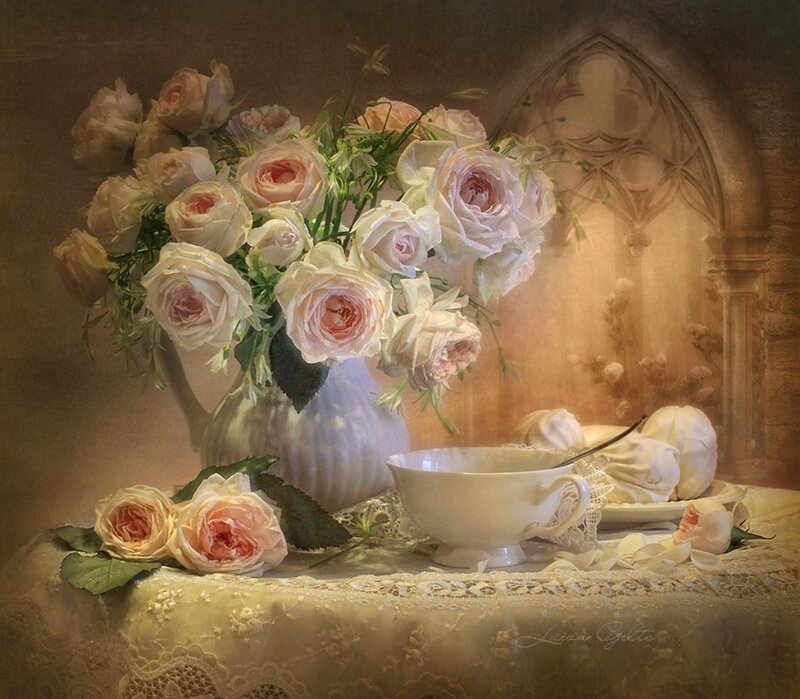 Roses in a Vase — White, Serene, Painting