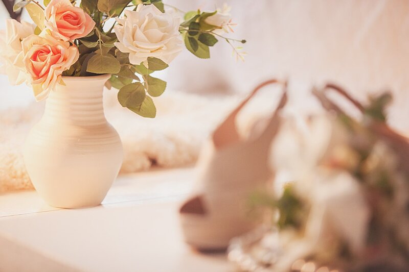 Roses in a Vase — White, Serene, Photograph, Shoes