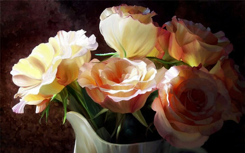 Roses in a Vase — Yellow, Dramatic, Painting
