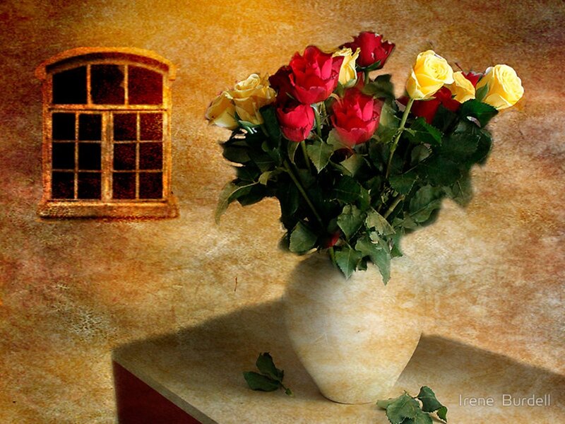 Roses in a Vase — Yellow, Serene, Digital Art
