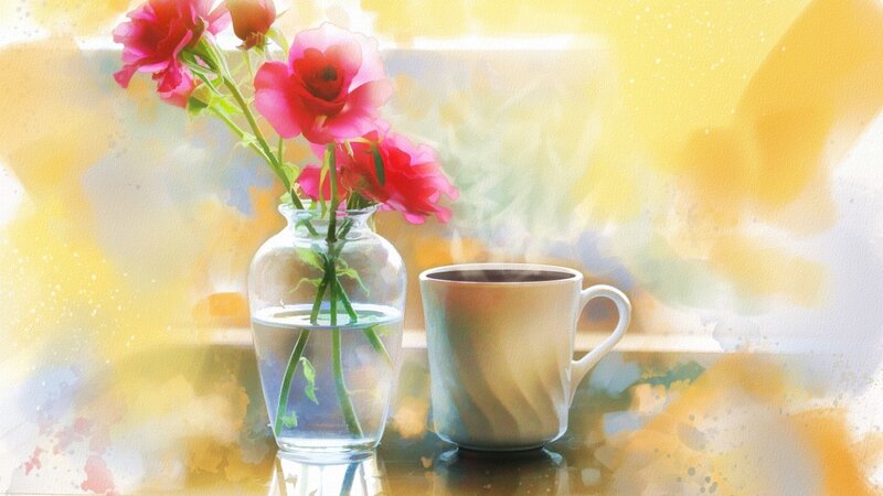 Roses in a Vase — Yellow, Serene, Morning, Digital Art, Coffee Cup