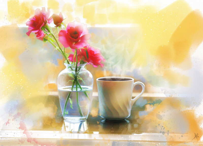 Roses in a Vase — Yellow, Serene, Morning, Digital Art