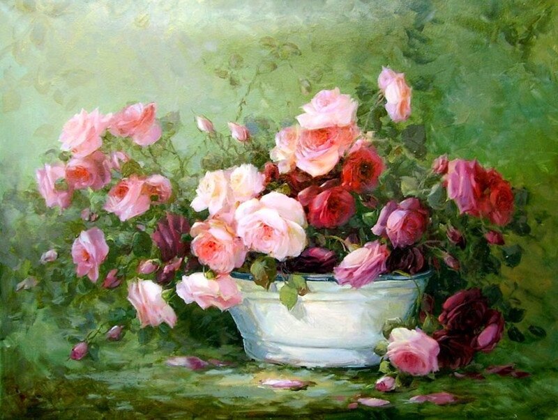 Roses in a White Bowl — Pink