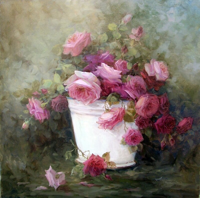 Roses in a White Bucket — Pink