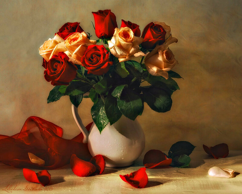 Roses in a White Pitcher — Red