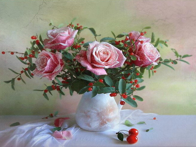 roses in a white vase