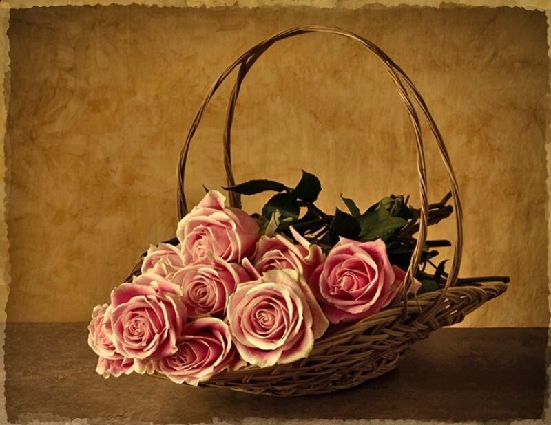 roses in a wicker basket