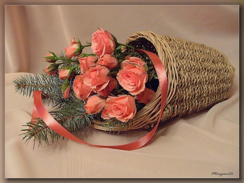 Roses in a woven basket