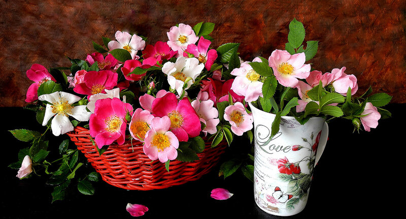 Roses in Basket and Pitcher — Red, Calm