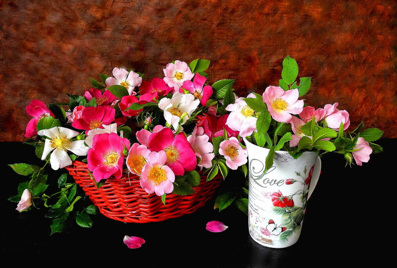 Roses in Basket and Pitcher