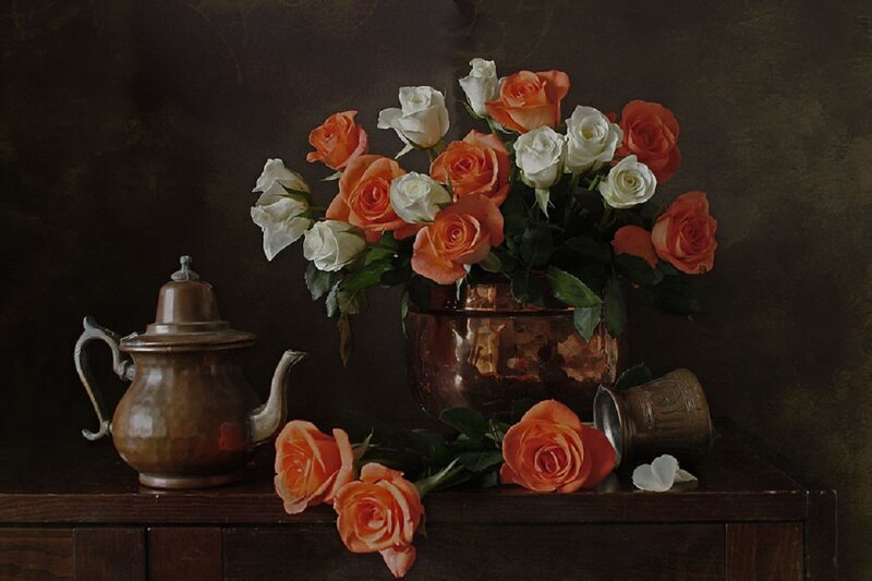 Roses in Copper Vase — Brown