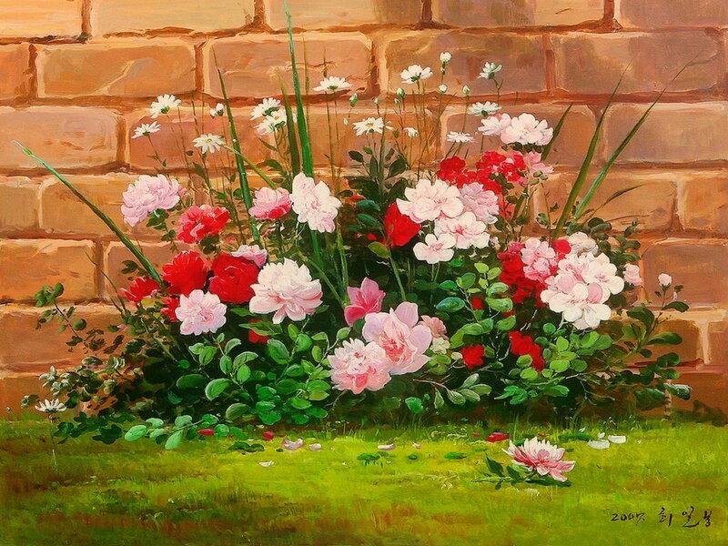 Roses in Front of Brick Wall