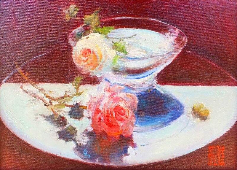 Roses in Glass Bowl — Red