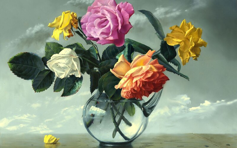 Roses in Glass Vase — Pink, Calm, Painting