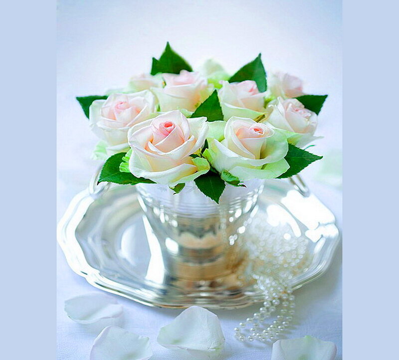 Roses in Glass Vase — White
