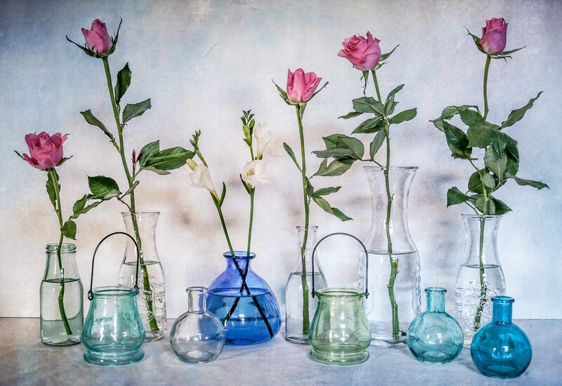 Roses in Glass Vases — Blue