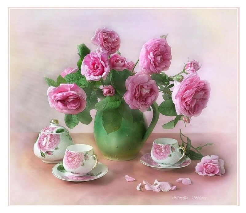 Roses in Green Vase