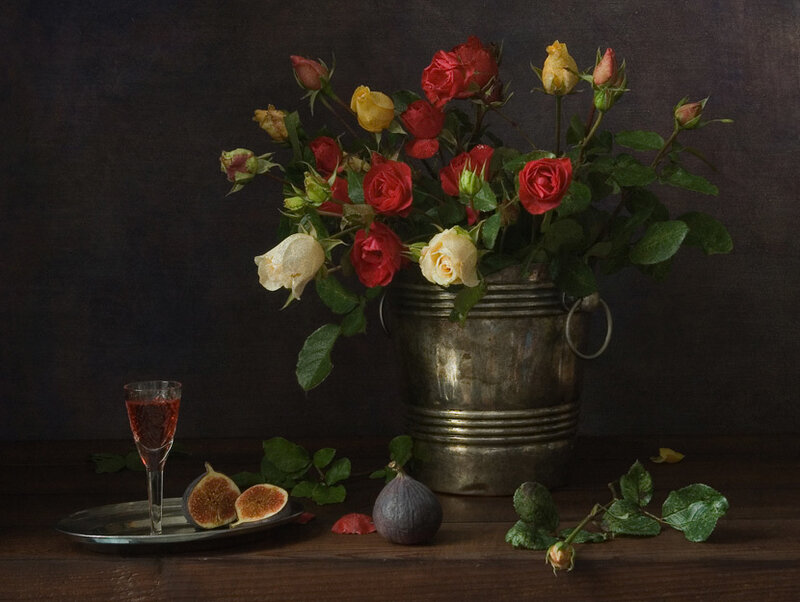 Roses in Metal Bucket
